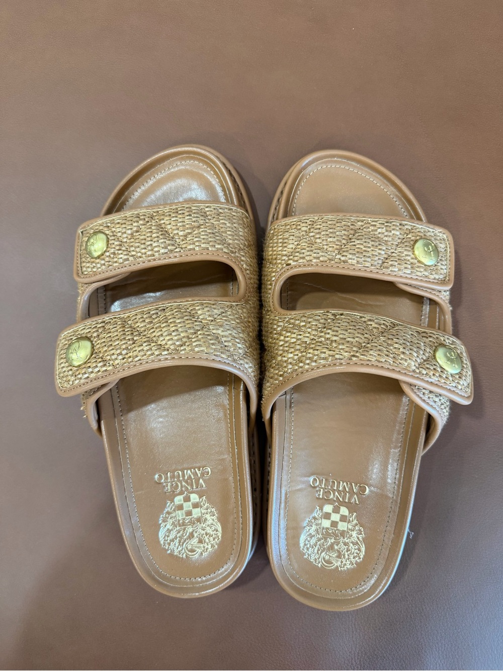 Vince Camuto Tan Woven Double-Strap Slide Sandals with Gold Buttons